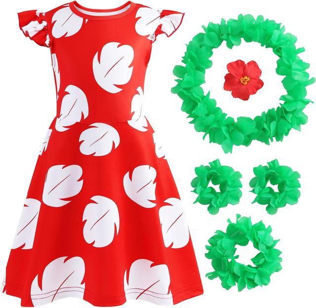 Product image of Hawaiian Little Girls Costume Dress with Luau Flower Leis Accessories Flower Hair Clip Toddler Halloween Party Cosplay Outfit
