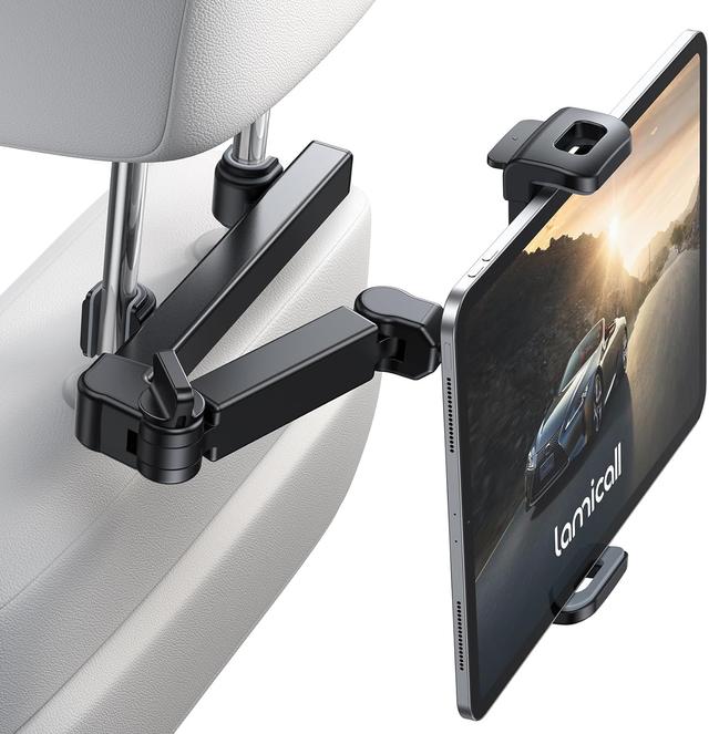 Product image of Lamicall Car Headrest Tablet Holder - [3 in 1 Extension Arm] Adjustable Tablet Car Mount for Back Seat, Road Trip Essentials for Kids, for 4.7-11" Device Like iPad Pro, Air, Mini, Galaxy, Fire, Black