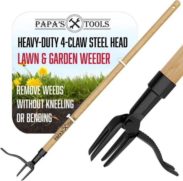 Product image of Papa's Tools Weeder - Stand Up Weed Puller Tool Made with Long Wooden Handle - Real Bamboo & 4-Claw Steel Head - Easily Remove Weeds Effortlessly Without The Need to Tug, Bend, Or Flex,