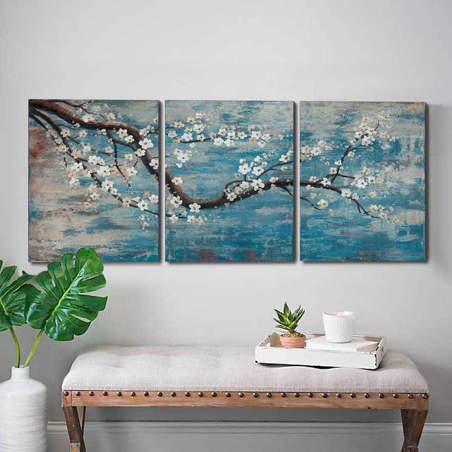 Product image of 3 Piece Wall Art Hand-Painted Framed Flower Oil Painting On Canvas Gallery Wrapped Modern Floral Artwork for Living Room Bedroom Décor Teal Blue Lake Ready to Hang 12"x16"x3 panel