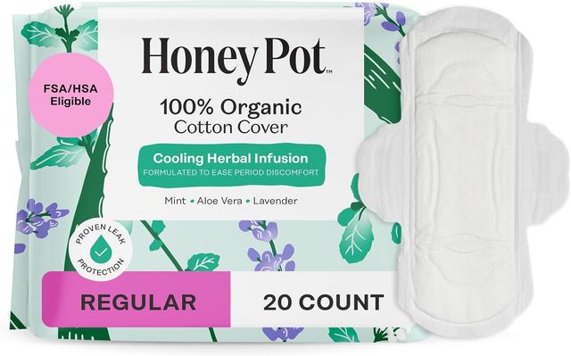 Product image of The Honey Pot Company - Herbal Sanitary Pads for Women - Regular Flow w/Wings - Infused w/Essential Oils for Cooling Effect & Organic Cotton Cover - Feminine Care - FSA & HSA - 20 ct