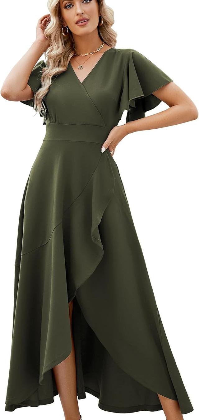 Product image of Long Black Formal Dresses for Women Gowns Evening Party Cocktail Dress,Split Elegant V Neck Wrap Ruffle Wedding Guest Dresses
