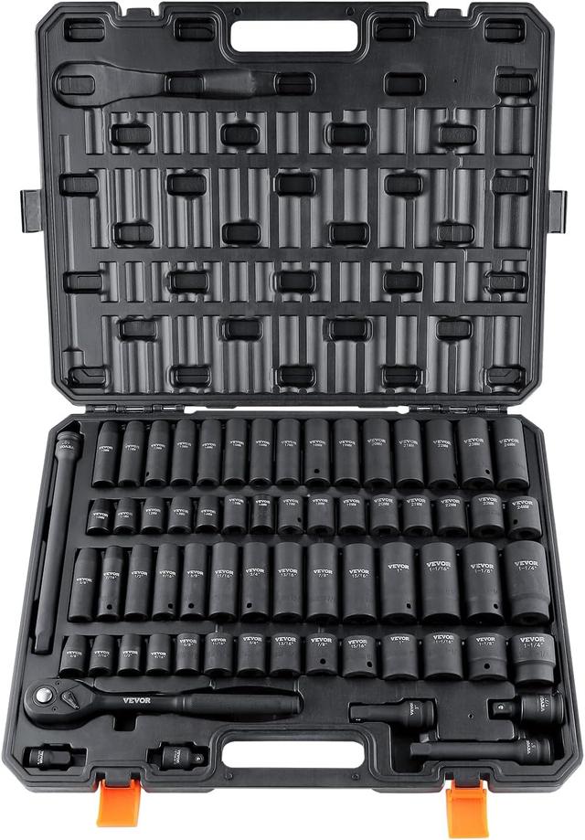 Product image of VEVOR 1/2" Drive Impact Socket Set, 65 Piece SAE 3/8" to 1-1/4" and Metric 10-24mm, 6 Point Cr-V Alloy Steel for Auto Repair, Easy-to-Read Size Markings, Rugged Construction, Storage Case
