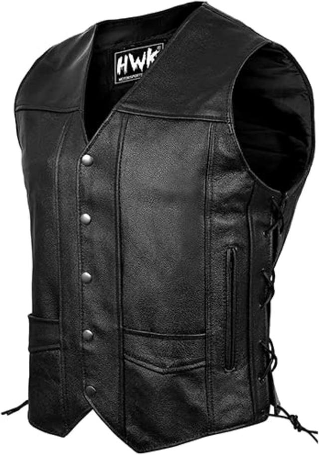 Product image of HWK Leather Motorcycle Vest for Men and Women with Concealed Carry Gun Pocket, Black Genuine Leather Vest with 100% Polyester Lining for All-Weather Enduro Motocross Motorbike Riding, XL