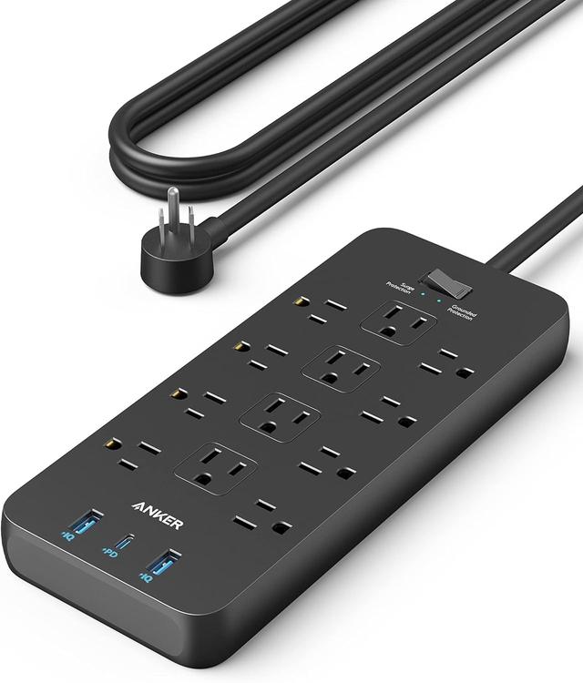 Product image of Anker Surge Protector Power Strip (2100J), 12 Outlets with 1 USB-C/2 USB-A Ports for iPhone 16/16 Plus/16 Pro/16 Pro Max, 5ft Extension Cord, Flat Plug, 20W USB-C Charging for Home, Office,TUV Listed