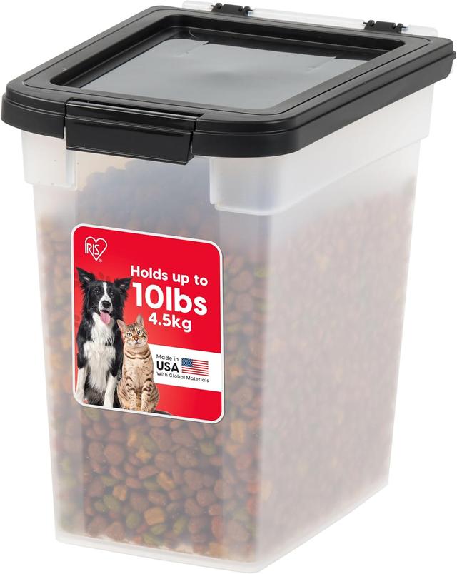 Product image of IRIS USA Dog Food Storage Container, 10 Pound, Airtight Seal and Buckle, Easy 1 Hand Opening Hinged Lid, Versatile, Space Saving Compact Size, Pearl/Black
