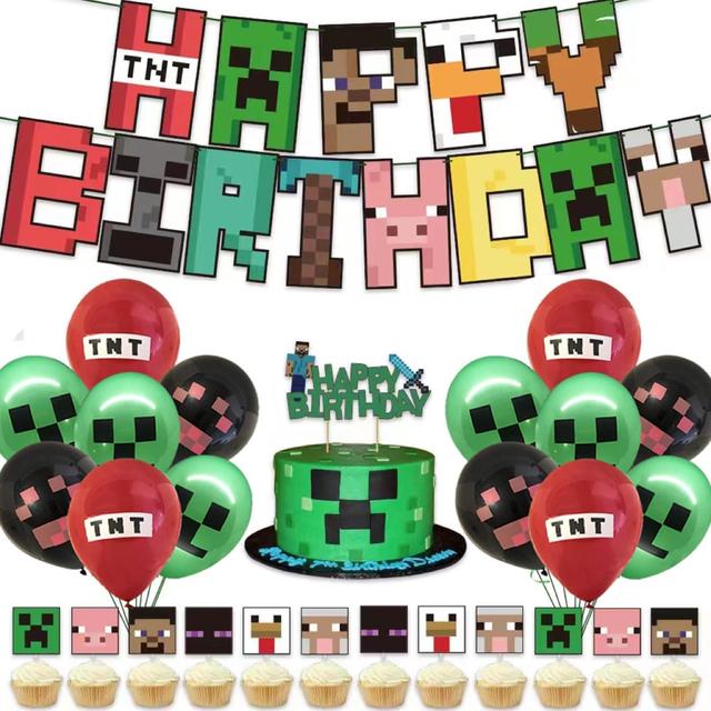 Product image of Pixel Birthday Decorations, Party Decorations, Birthday Party Supplies, Banner, Balloons, Tablecloth, Cupcake Toppers, Large Cake Decorations, Table Cover