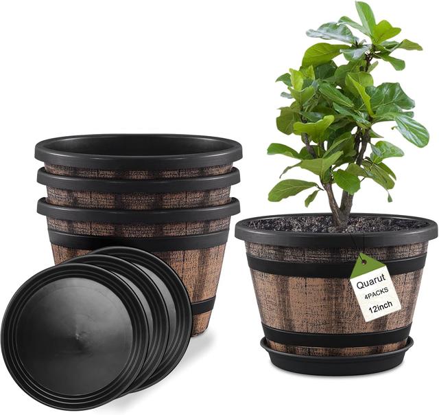 Product image of Quarut Plant Pots Set of 4 Pack 12 inch,Large Whiskey Barrel Planters with Drainage Holes & Saucer.Plastic Flower Pots Imitation Wine Barrel Design, for Indoor & Outdoor Garden Home Plants (Brown)