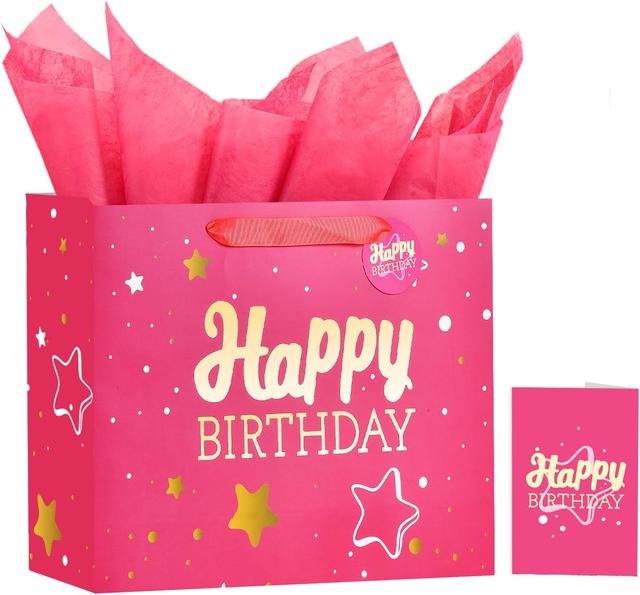 Product image of 13" Pink Happy Birthday Gift Bag with Tissue Paper and Greeting Card for Party,Happy Birthday Gift Bag for Men Women,Gift Bags Medium size(1 PCS Pink Hot Stamping)