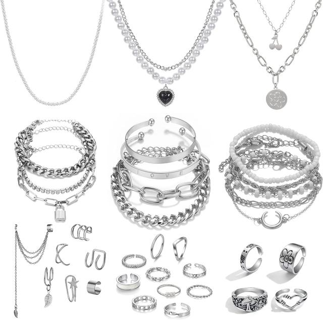 Product image of IFKM 36 PC Silver Plated Jewelry Set With 3 Necklace, 12 Bracelet, 7 Ear Cuffs Earring, 14 Knuckle Rings For Women Girls Valentine Anniversary Birthday Friendship Gift