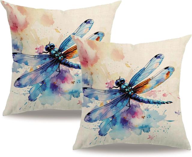 Product image of 7COLORROOM Watercolor Animals Throw Pillow Covers 18x18 Inch Painting Dragonfly Print Cushion Case Farmhouse Spring Summer Decoration 2Pack Square Pillowcase for Patio Couch Sofa (Blue)