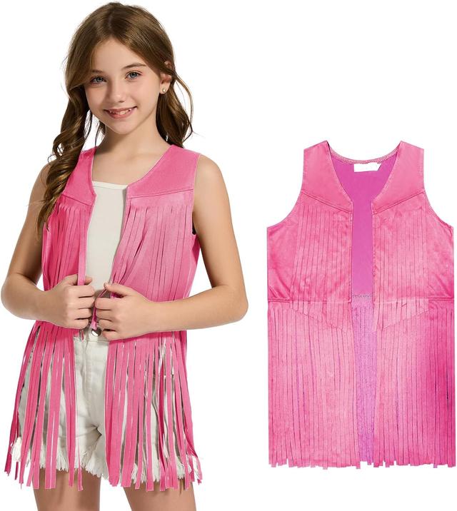 Product image of Girls Kids Fringe Vest 60s 70s Hippie Vest Sleeveless Cowgirl Western Faux Suede Tassel Leather Jacket for Halloween