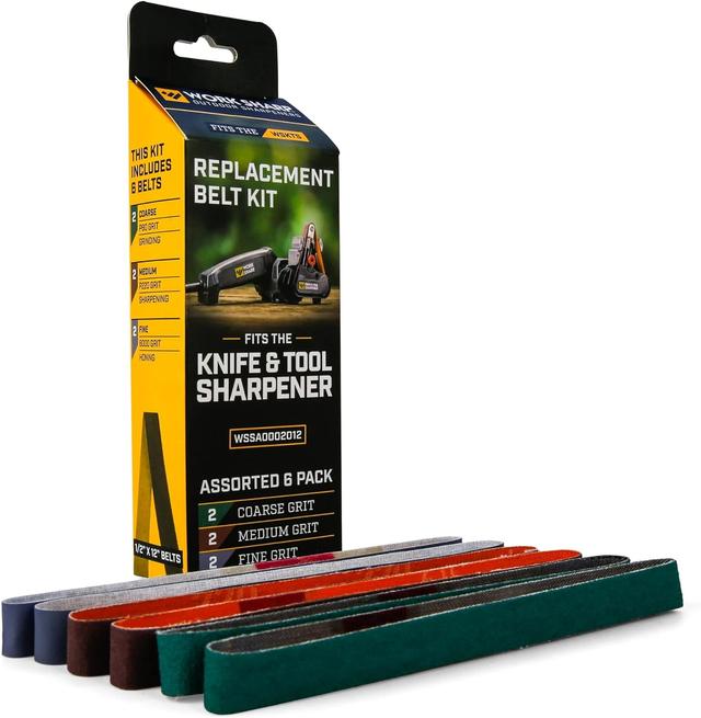 Product image of Work Sharp Replacement Abrasive Belt Kit, Assorted Grits (P80, P220, 6000) Official Replacement Belt Kit for KTS Models (Pack of 6)