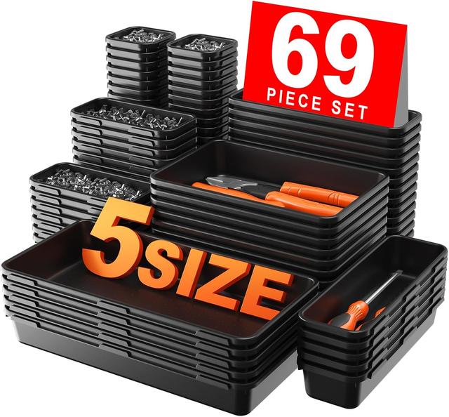 Product image of 【More Larger Size】A-LUGEI【69Pcs】【5 Size】 Tool Box Organizer Tray Divider Set, 【Black】 Desk Drawer Organizer, Garage Organization and Storage Toolbox for Rolling Tool Chest Cart Cabinet WorkBench Parts