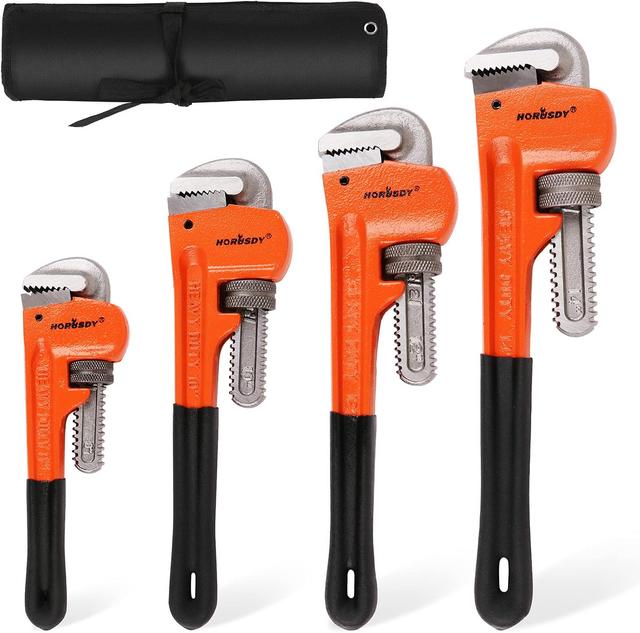 Product image of HORUSDY 4 Pack Heavy Duty Pipe Wrench Set, Adjustable 8" 10" 12" 14" Soft Grip Plumbing Wrench Set with Storage Bag