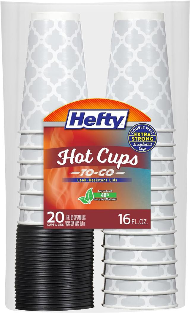Product image of Hefty Paper Disposable Hot Cups with Lids, Leak-Resistant Disposable Coffee Cups, Double Insulated To Help Prevent Burning, Tight-Fitting Lid Helps Prevent Sloshing and Spills, 16 Ounce, 20 Count