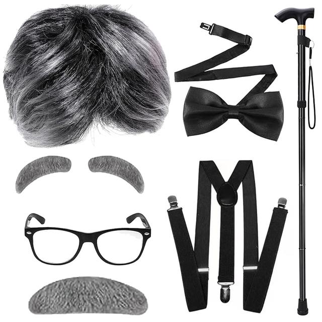Product image of Old Man Wig Costume for Kids -100 Days of School Dress-Up with Grandpa Vibes,Complete with Suspender,Cane, Glasses, Gray Wig, Ideal for Halloween Cosplay and for Adults and Boys