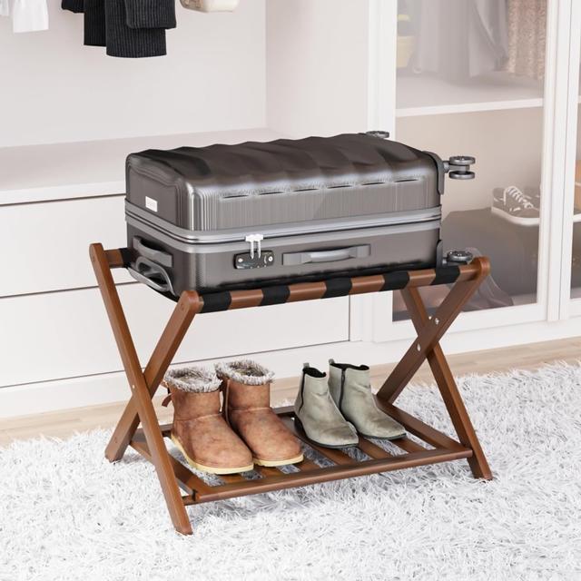 Product image of Fully Assembled Walnut Bamboo Luggage Rack with Shoe Shelf, Folding Suitcase Stand with 5 Heavy-Duty Straps, Large Wooden Luggage Holders for Guest Room, Ideal for Bedroom, Hotel