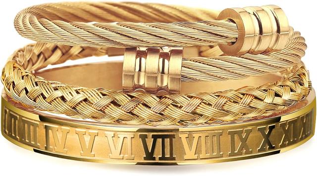 Product image of WFYOU 3PCS Stainless Steel Bracelets for Men Gold Roman Numeral Bangle Bracelet Twisted Cable Bracelet Adjustable Cuff Bracelet Mens Luxury Jewelry Bracelets Gifts