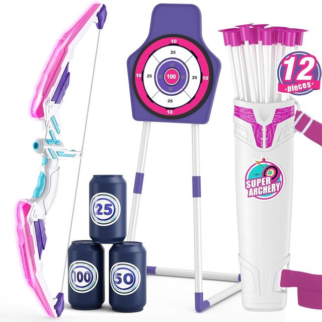 Product image of Bow and Arrow for Kids 4-6, LED Light Up Archery Set with 12 Suction Cup Arrows, 1 Standing Target, 3 Score Targets & 1 Quiver, Indoor Outdoor Sport Gifts for Boys Girls Ages 8-12, Purple