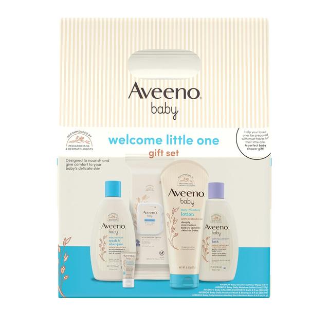 Product image of Aveeno Baby Welcome Little One Gift Set, Baby Skincare Set with Nourishing Baby Body Wash & Shampoo, Calming Bath Wash, All Over Baby Wipes, Daily Moisturizing Lotion, & Baby Balm, 5 Items