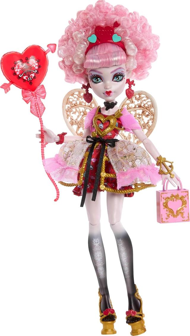 Product image of Monster High Scary Sweet Birthday Doll, Cupid Asteria in Pink and Red Party Dress with Themed Accessories Like Invite, Balloon, Gift and More
