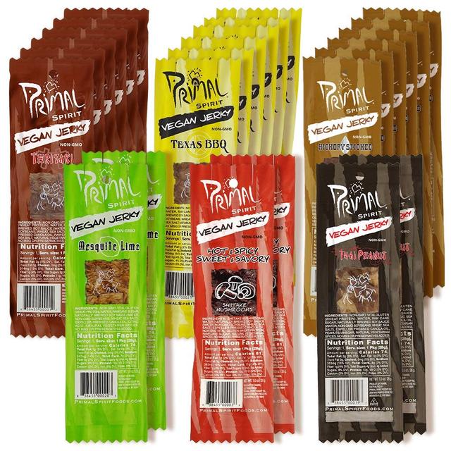 Product image of Primal Spirit Vegan Jerky - Most Popular Flavors Pack, 10 g. Plant Based Protein, ("The Classics" 6 Teriyaki, 6 Hickory Smoked, 6 Texas BBQ, 2 Thai Peanut, 2 Hot & Spicy, 2 Mesquite Lime 24-Pack, 1 oz