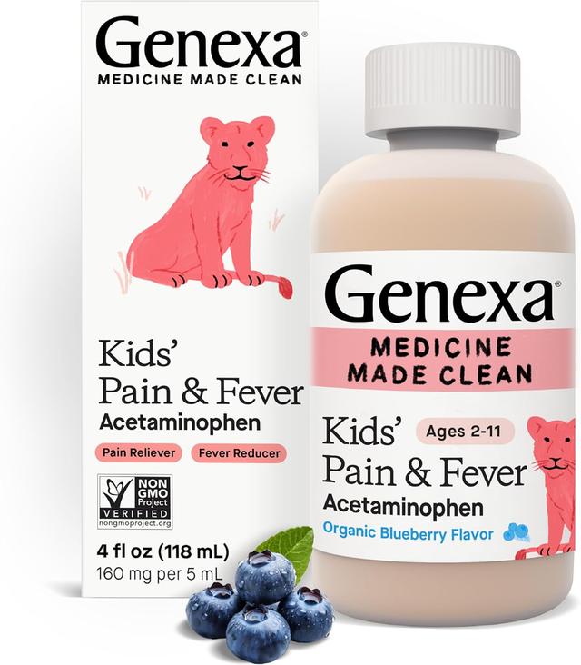 Product image of Genexa Kids' Acetaminophen Pain & Fever Oral Suspension Medicine - 4oz - For Children 2 - 11 Years Old, Temporarily relieves pain and fever symptoms, 160 mg per 5 mL- Organic Blueberry Flavor
