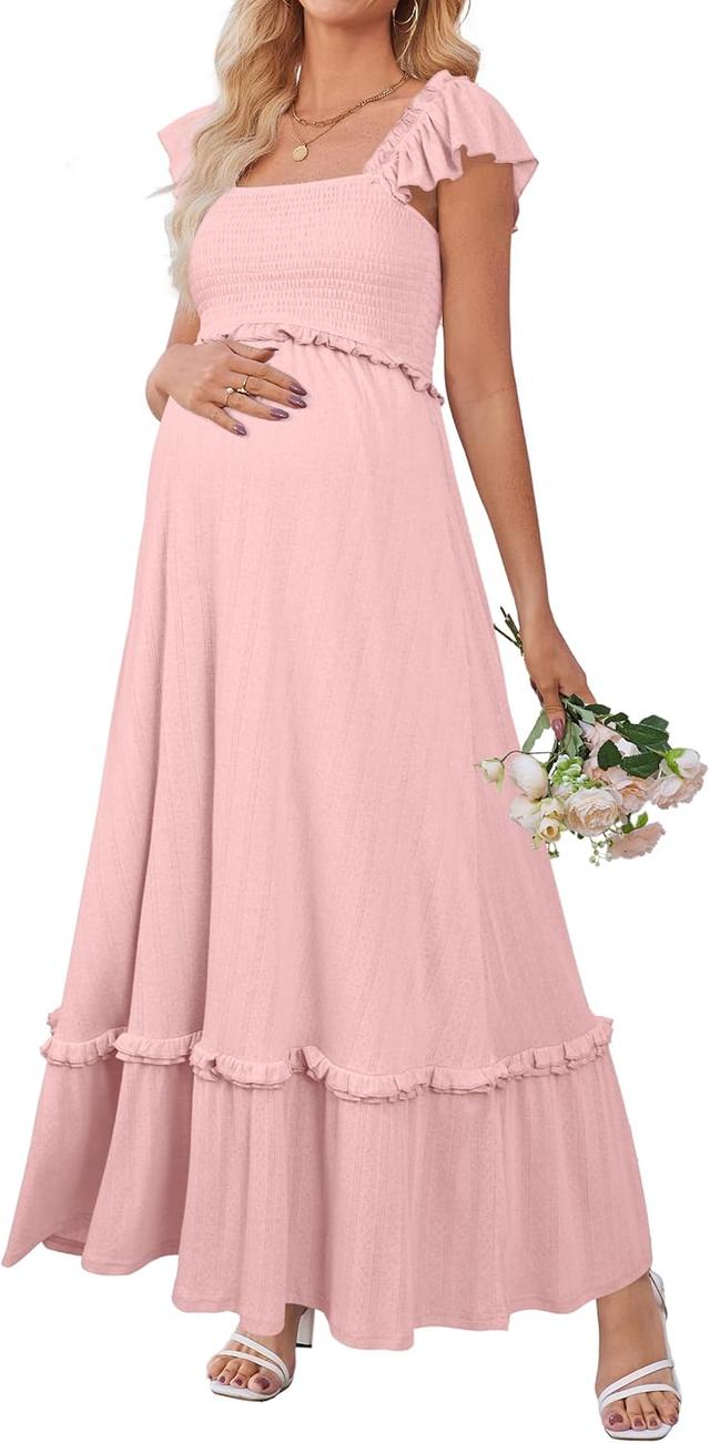 Product image of OUGES Womens 2025 Summer Maternity Photoshoot Dress Boho Maxi Smocked Baby Shower Dress Ruffle Sleeve Maternity Clothes