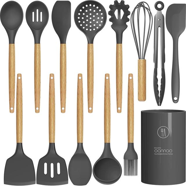 Product image of Silicone Cooking Utensils Kitchen Utensil Set - 446°F Heat Resistant Silicone Kitchen Utensils Set, Spatula,Turner Tongs, Spoon, Brush, Whisk,Kitchen Gadgets for Nonstick Cookware, BPA Free (Gray)