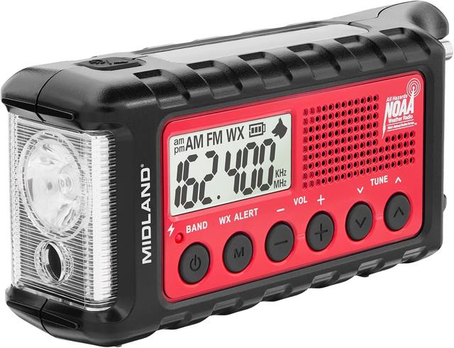 Product image of Midland - ER310, Emergency Crank Weather AM/FM Radio - Multiple Power Sources, SOS Emergency Flashlight, Ultrasonic Dog Whistle, & NOAA Weather Scan + Alert (Red/Black)
