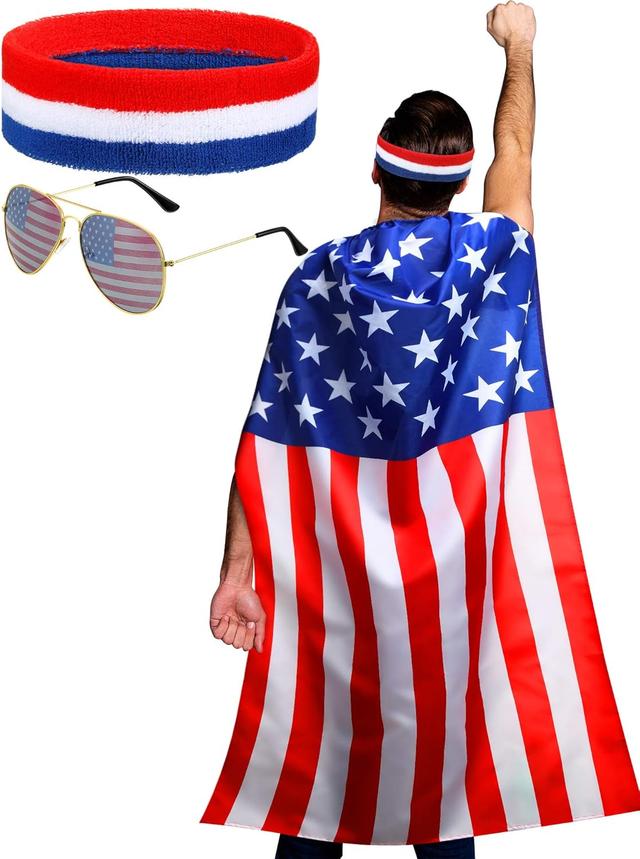 Product image of Frienda American Flag Costume Cape, Retro 80's USA Sunglasses and Flag Headband for 4th of July Independence Day Celebration