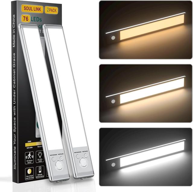 Product image of Under Cabinet Lights,76 LED Operated Motion Sensor Light Indoor,1500mAh USB Rechargeable Closet Lights, 2 Pack Magnetic Dimmable Closet Lights，Wireless Under Counter Lights for Kitchen, Stairs