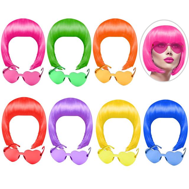 Product image of KUUQA 14Pieces Party Wigs & Sunglass Set,Neon Short Bob Wig Sunglass Pack Costume Colorful Cosplay Wig Daily Party Hairpieces for Bachelorette Neon Party Favors,Halloween & Decorations(7wigs&7glasses)