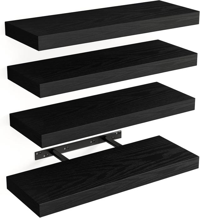 Product image of Fixwal Floating Shelves for Wall, Wall Mounted Rustic Wood Shelves for Bathroom, Living Room, Bedroom and Kitchen, Wall Shelves for Storage,Books,Room Decor (Black, Set of 4, 15.8 Inch)
