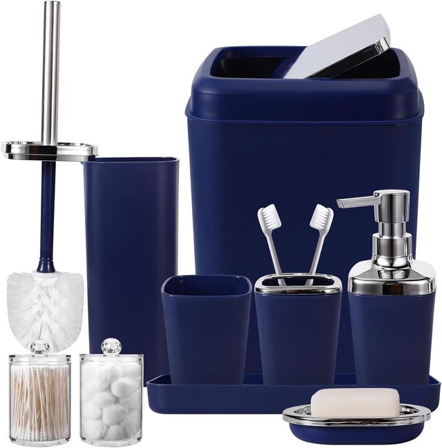 Product image of Navy Blue Bathroom Accessories Set, 9-Piece Plastic Gift Set with Trash Can, Toothbrush Holder, Toothbrush Cup, Soap Dispenser, Soap Dish, Toilet Brush Holder,2 Qtip Holder Dispensers and Tray