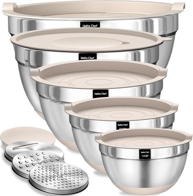 Product image of Umite Chef Mixing Bowls with Airtight Lids Set, 8PCS Stainless Steel Khaki Nesting Bowls with Grater Attachments, Kitchen Bowls with Non-Slip Bottoms, Size 5, 4, 3.5, 2, 1.5QT for Mixing & Serving