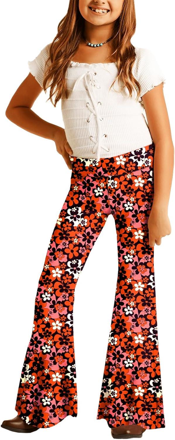 Product image of Deerose Girls Bell Bottom Floral Print Stretch Hippie Pants High Waist Flare Pants 5-14 Year
