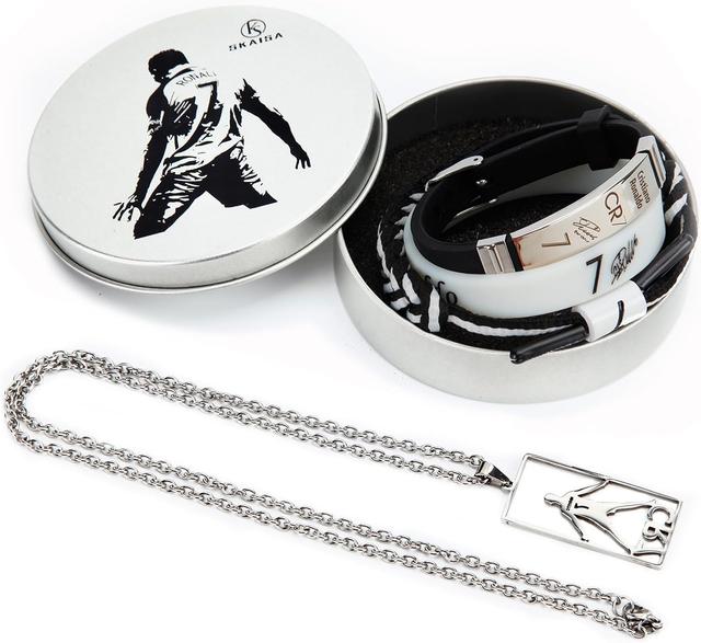 Product image of Set of 4 Ronaldo Stuff, Ronaldo Necklace, Signature Black Wristband, Hand Weave Bracelet, White Sports Wristband, C-ristiano Ronaldo Merch, Ronaldo Jersey No. 7 Collection Metal Gift Box