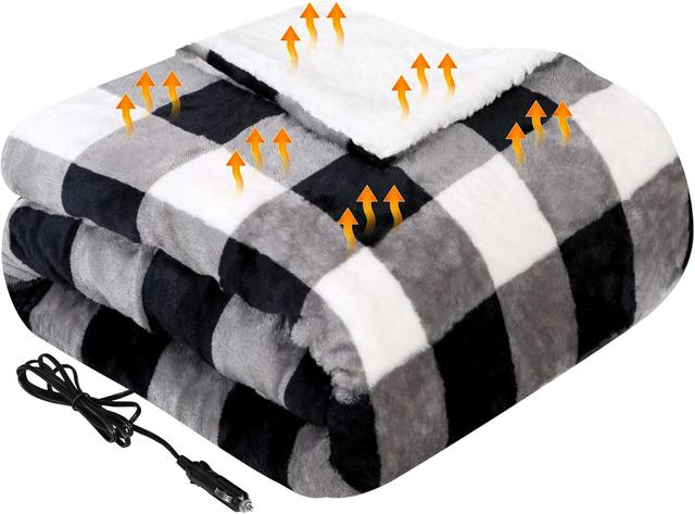 Product image of Westinghouse Heated Car Blanket, 12-Volt Electric Blanket for Car, Truck, SUV, RV, Portable Heated Throw for Camping, Grey Buffalo Plaid, 59" x 43”