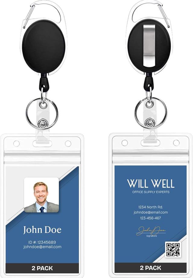 Product image of Will Well ID Badge Holders with Clip and Keyring - Vertical Clear Plastic 2.52" x 3.58" Sleeves Fit Up to 3 Cards - Retractable 24" UHMWPE Fiber Pull Cords for Easy Access - 2-Pack, Black Reels