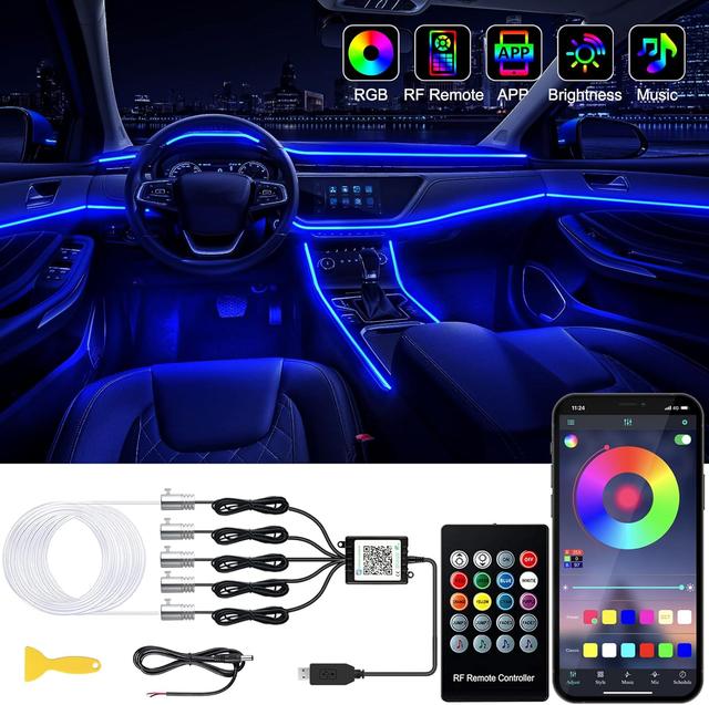 Product image of Interior Car LED Strip Lights with Wireless APP and Remote Control, RGB 5 in 1 Ambient Lighting Kits with 236 inches Fiber Optic, 16 Million Colors Car Neon Lights, Sync to Music