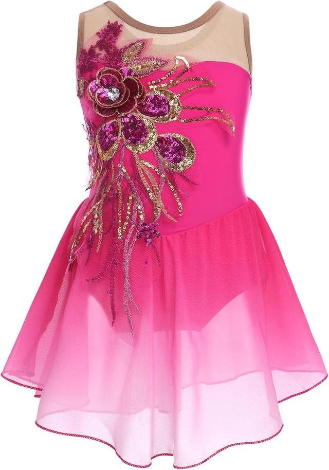 Product image of Ice Figure Skating Dress for Girls Sparkly Sequins Sheer Mesh Chiffon Ballet Dance Leotard Dress Ballerina Outfits