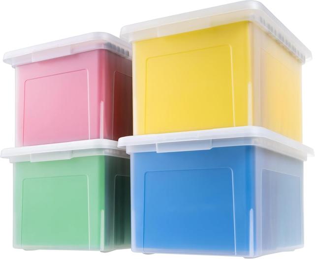 Product image of IRIS USA File Box, Plastic File Organizer with Lids for Letter/Legal File, Portable Document Box For Moving, Storage Bin with Durable and Secure Lid, Stackable Nestable BPA-Free, Clear 35 Qt. 4 Pack