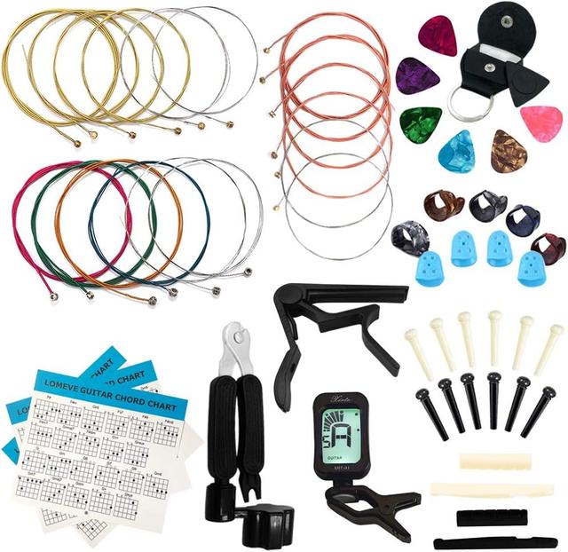 Product image of Guitar Accessories Kit Include Acoustic Strings, Tuner, Capo, 3-in-1 Restring Tool, Picks, Pick Holder, Bridge Pins, Nuts & Saddles, Finger Protector, Chord Chart (58PCS)