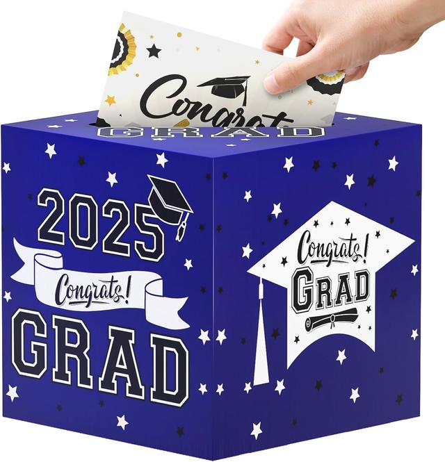 Product image of 9" Graduation Card Box, Graduation Decorations 2025 - Congrats Grad Foldable Cardstock Money Box (Blue)