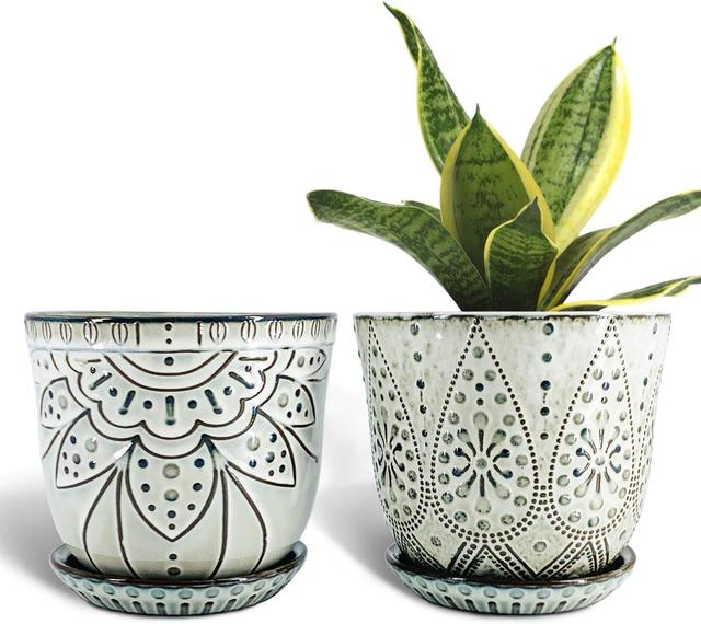 Product image of Gepege 6 Inch Beaded Ceramic Planter Set of 2 with Drainage Hole and Saucer for Plants, Indoor-Outdoor Large Round Succulent Orchid Flower Pot (Smoked Gray, Inner-pots not Larger Than 5 Inch)