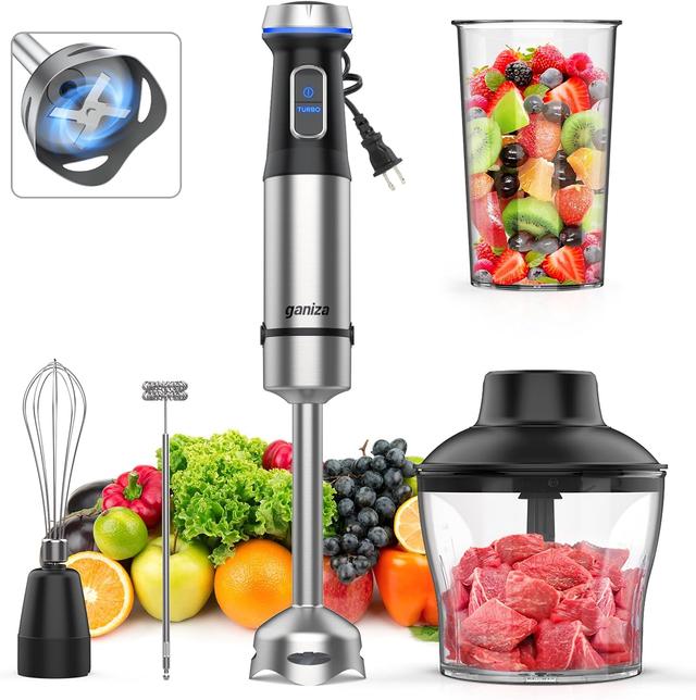 Product image of Ganiza Immersion Blender 5 in 1 Hand Blender Max 1000W Heavy Duty Motor, 16 Speed Mode Handheld Blender Stainless Steel Blade With 800ml Mixing Beaker, 600ml Chopper, Whisk and Milk Frother