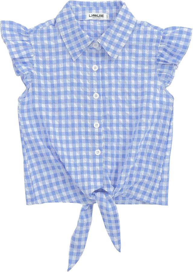 Product image of Girls Sleeveless Plaid Button Down Shirt Summer Crop Tops Tie Knot Ruffle Sleeve Shirt Blouse 3-12Y