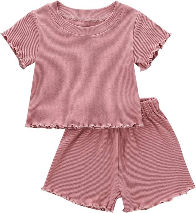 Product image of Kupretty Toddler Baby Girl Summer Clothes Ruffle Ribbed Knit Short Sleeves T-Shirt Tops + Shorts Cute Outfits Set